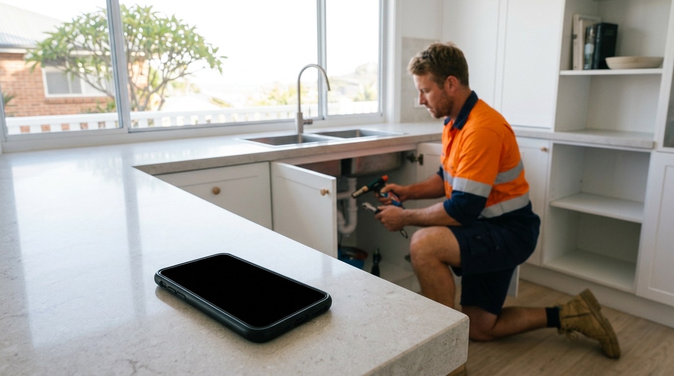 A plumber working under a kitchen sink, his phone face-up on the benchtop