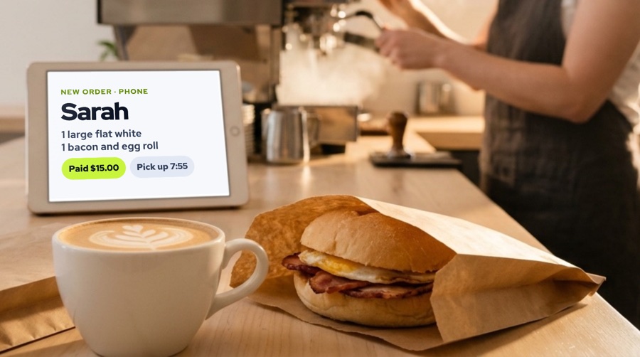 A tablet on a café counter showing a paid phone order