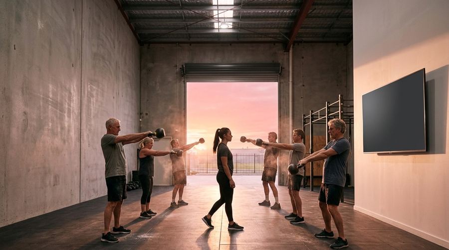 A kettlebell class at sunrise