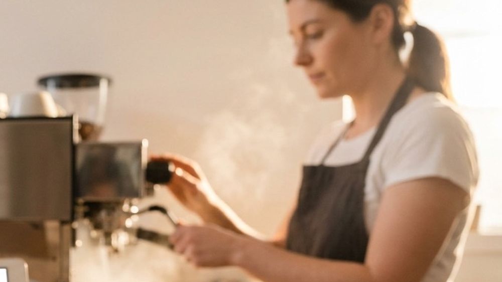 A café owner steaming milk at the coffee machine