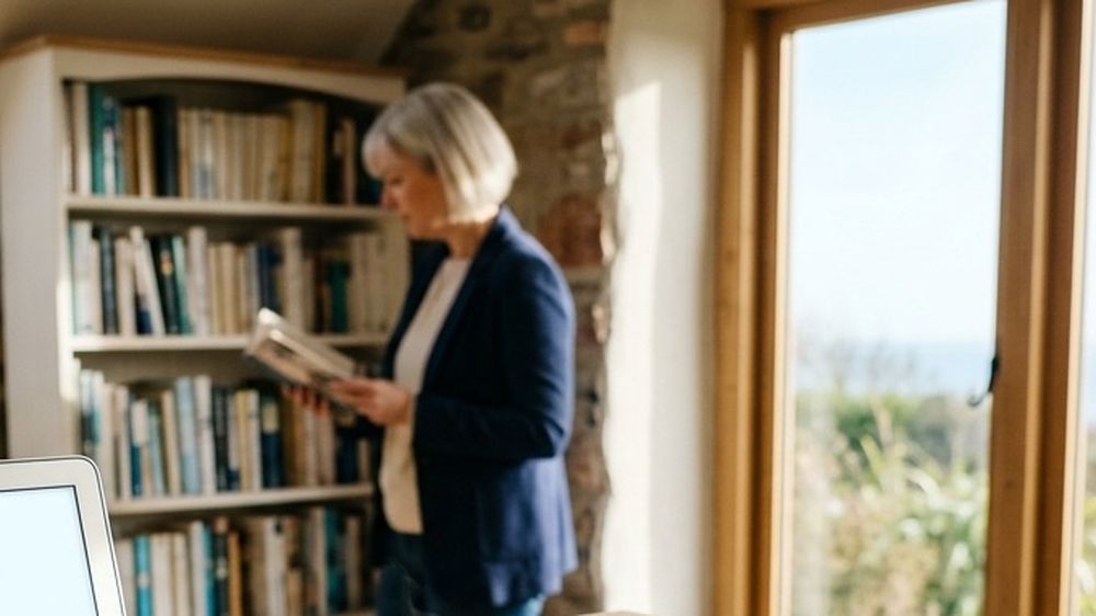 A consultant reading at her bookshelf